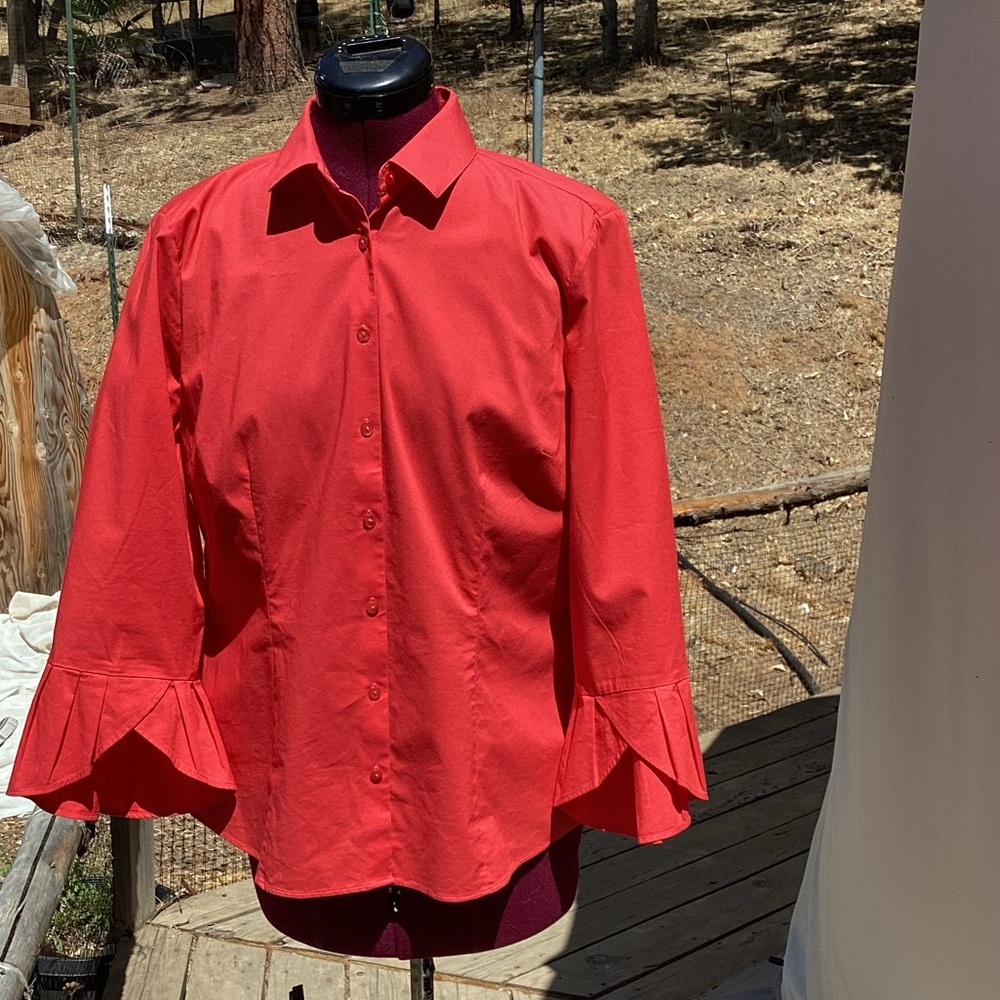 Brooks Brothers Red Button Down 3/4 Ruffle Sleeve Shirt Size 8 Bohemian